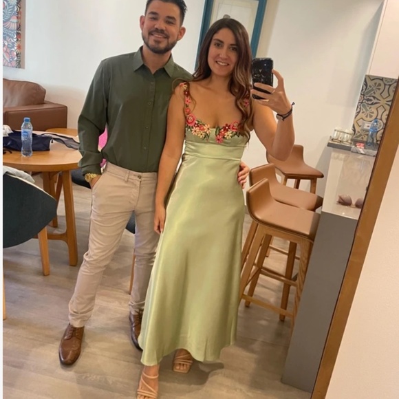 Green Satin Long Dress Floral Embroidery On Bust and Spaghetti Straps - Picture 14 of 16